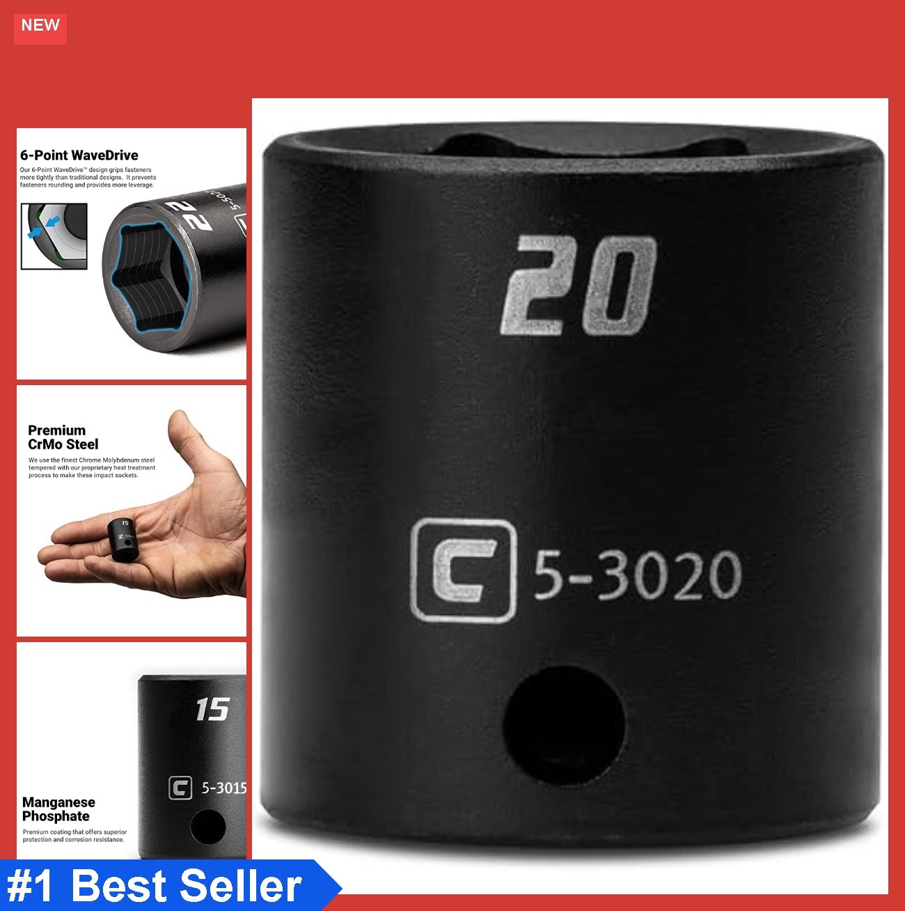 Impact Socket 3/8 Inch Drive 6 Point Metric 20mm Manganese Phosphate Coated