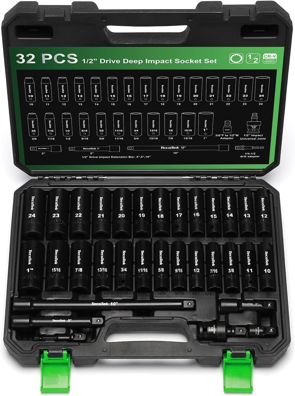 1/2″ Drive Deep 12-Point Impact Socket Set, 32-Piece Socket Set, SAE 3/8-1-In…