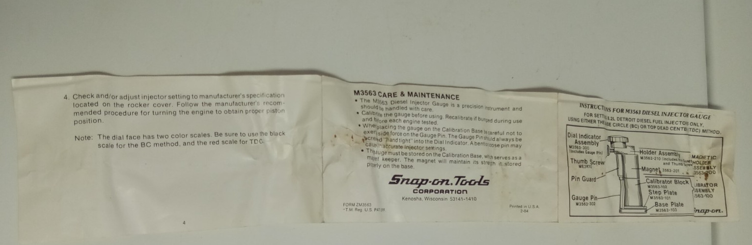Snap On Tools Detroit Diesel Injector Timing Gauge M3563 W/ Case NEW