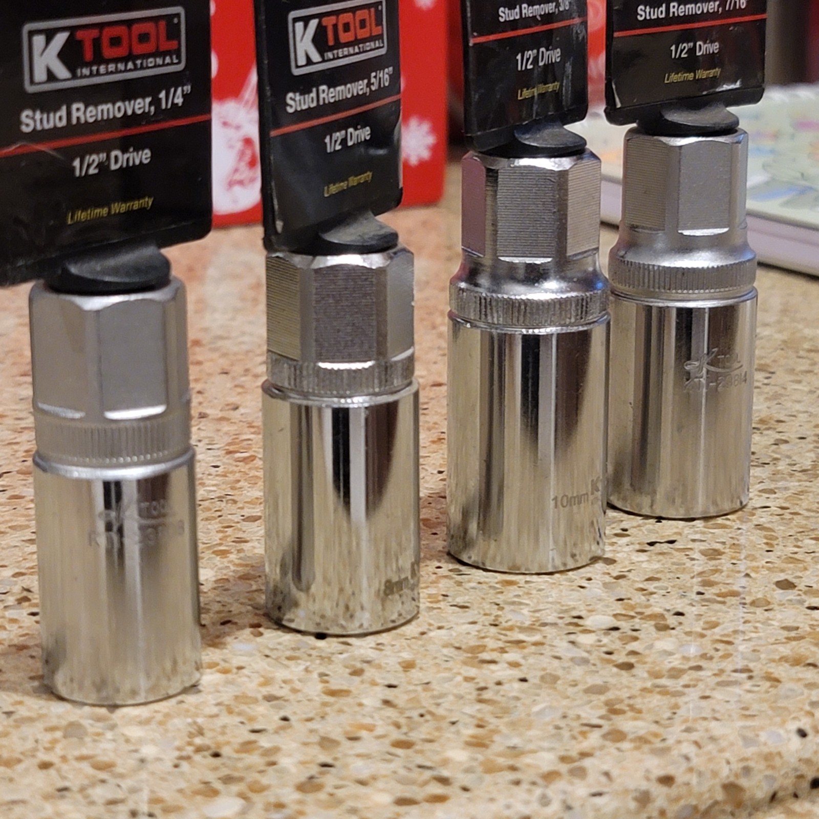 K TOOL STUD REMOVER SAE SOCKET SET 1/2″ DRIVE – 1/4, 5/16, 3/8, 7/16 NOS VTG KTI
