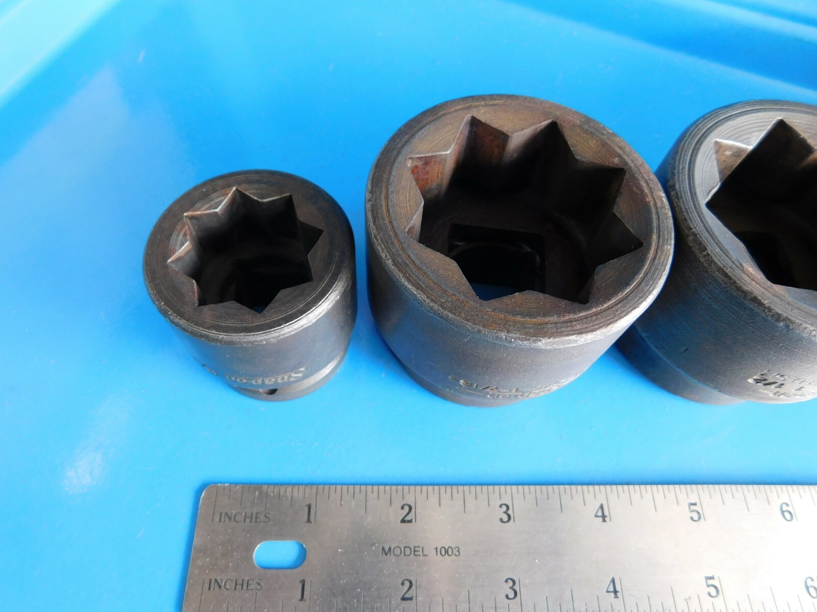 USED, SNAP ON » DOUBLE SQUARE SHORT SOCKETS» 8 PT. LOT OF 6, 3/4 & I INCH DRIVE