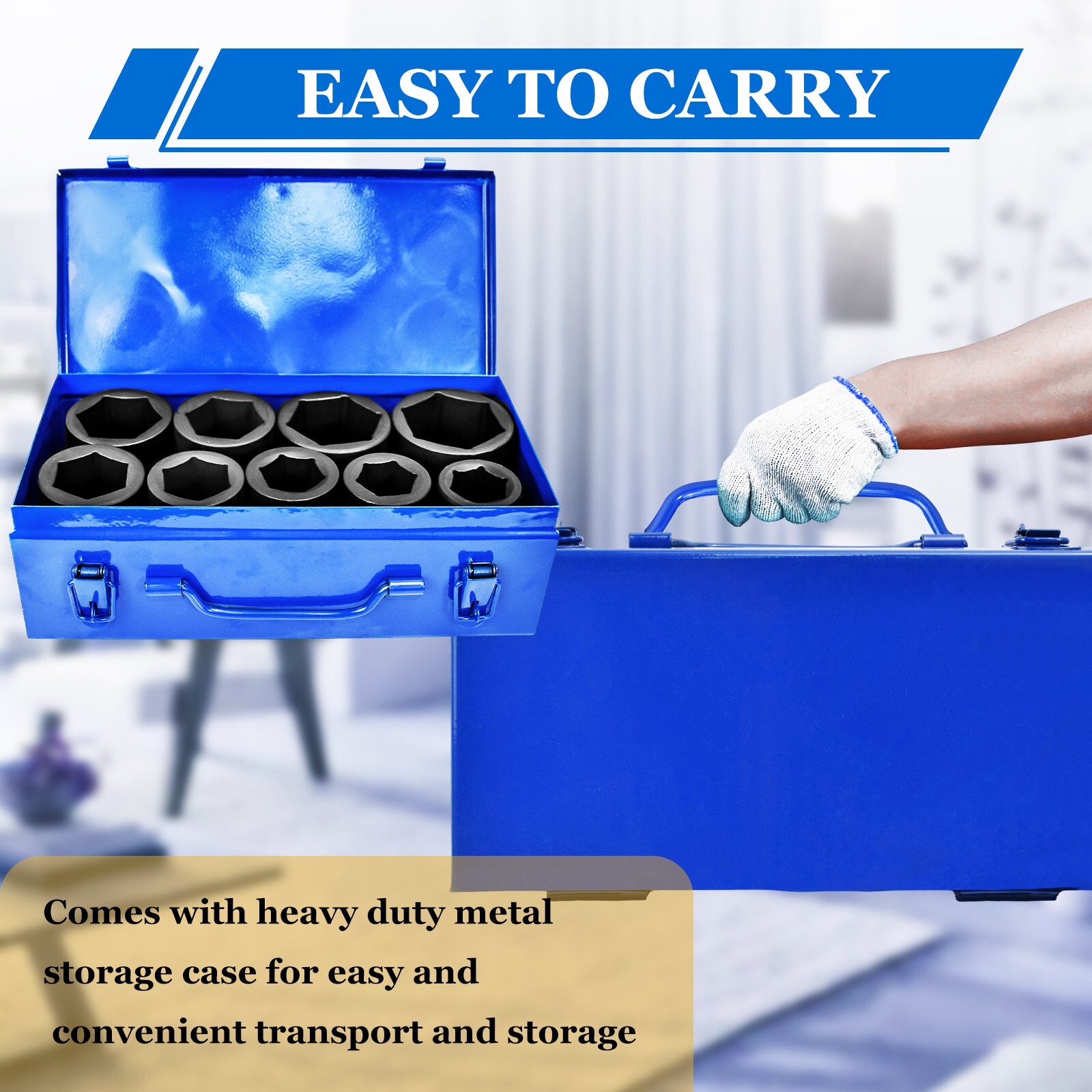 Impact Socket Set: Drive Size 1″, 9 Pieces, 26/27mm,29/32/35/38/41/46/50mm JumBo
