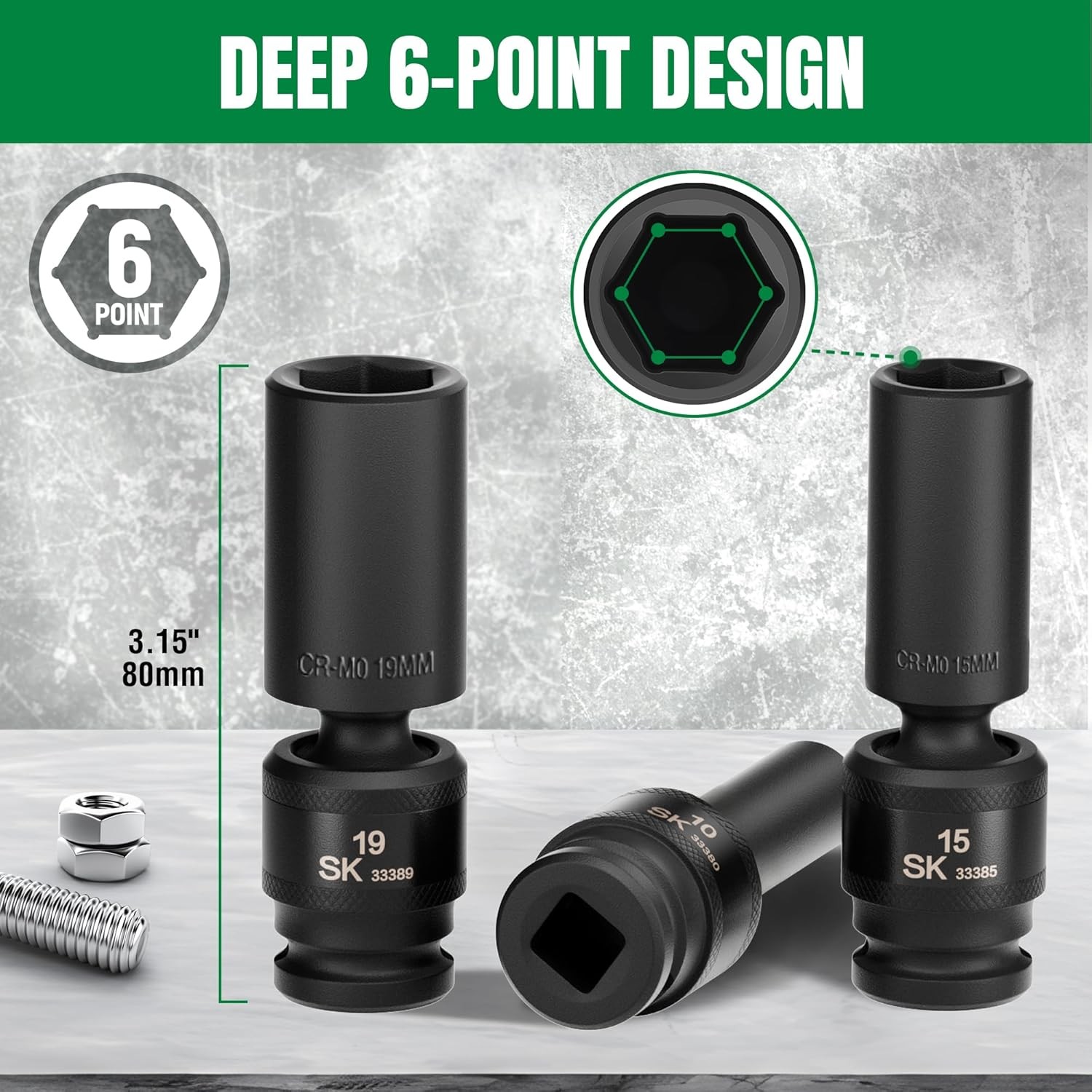 SK 3/8″ Drive Universal Impact Socket Set, Deep Swivel 3/8″