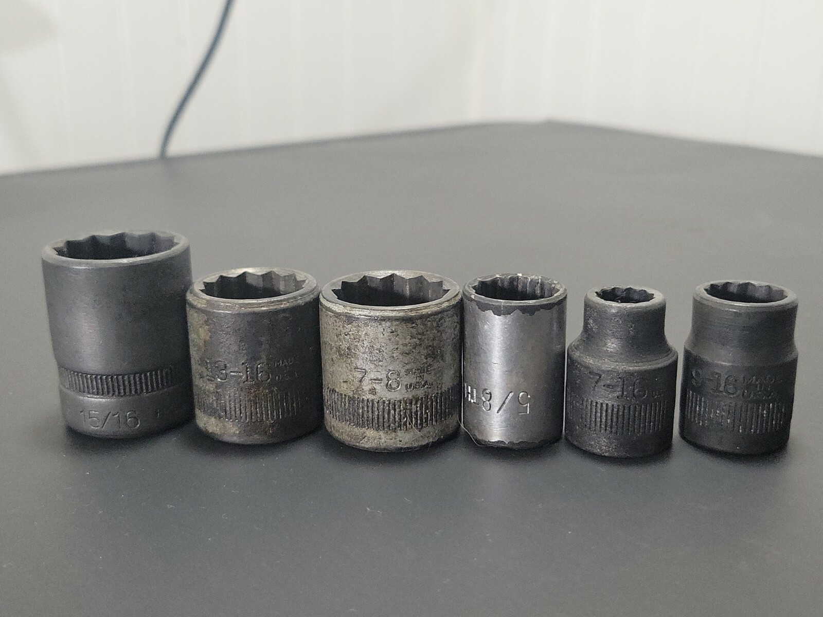 Lot of 6 Sockets 15/16″ 7/16″ 13/16″ 9/16″ 7/8″ 5/8″ SAE 1/2″ Drive 12 Point