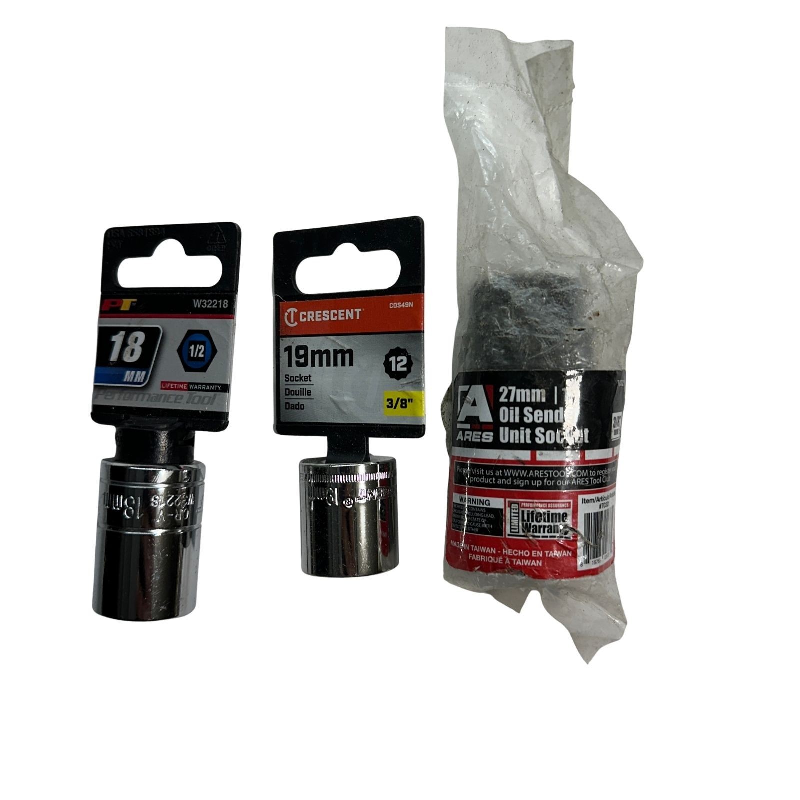 Performance Tool Crescent Ares Sockets 18mm 19mm 27mm 1/2″ and 3/8″ Drive, 3 pcs