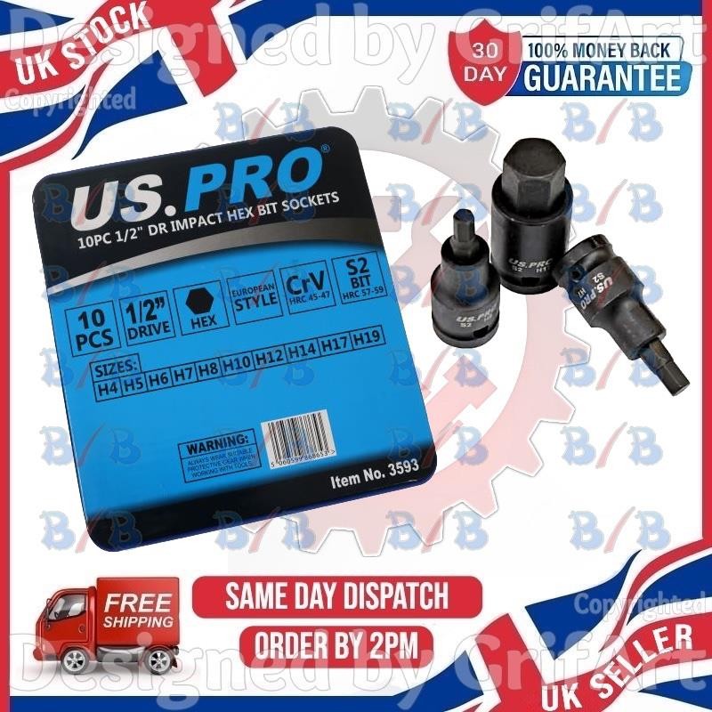 USPRO 10PC 1/2″ DRIVE IMPACT HEX SOCKET BIT SET H4 H5 H6 H7 H8 H10 H12 H14 17 18