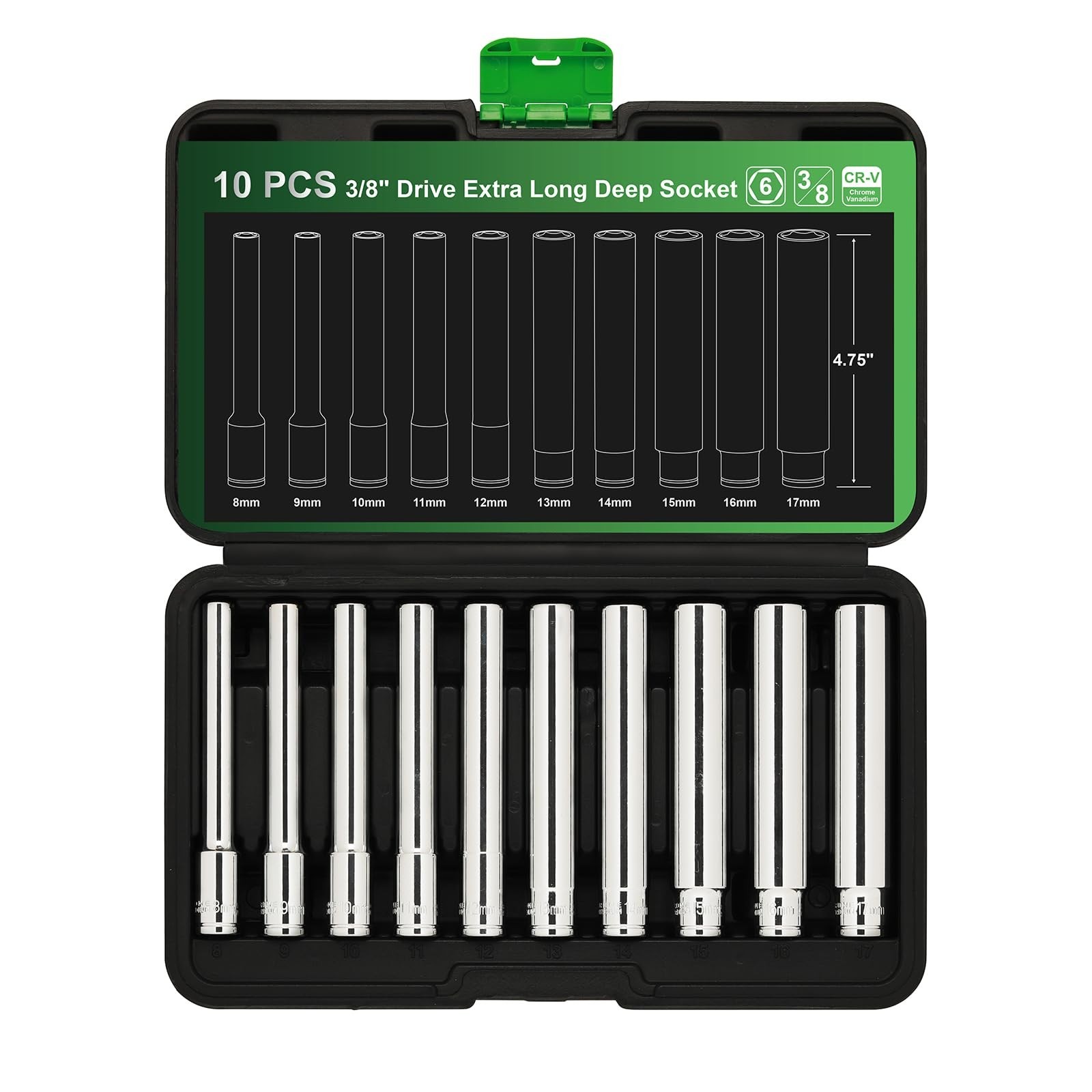 10PCS Extra Deep Metric Socket Set 3/8″ Drive, 6 Point, 8mm-17mm, CR-V, Automoti