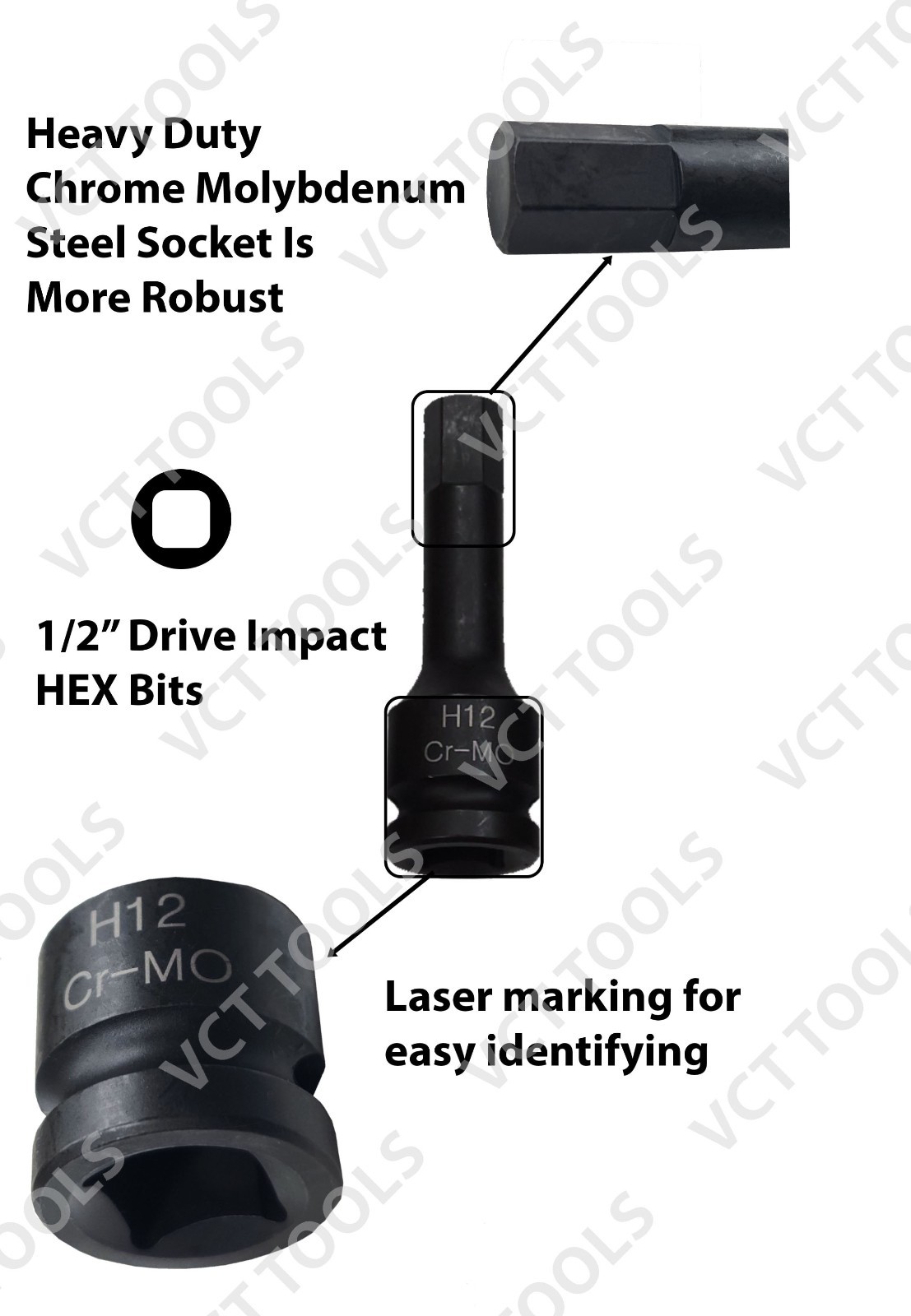 8‑Piece 1/2‑Inch Drive Metric Hex Impact Socket Set – CR‑MO Steel with Case