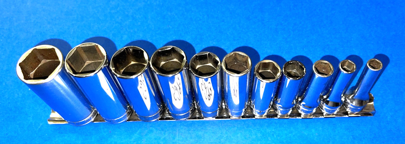 SNAP-ON TOOLS 11 PIECE 3/8 DRIVE SAE. DEEP CHROME 6 POINT SOCKET SET 211SFSY