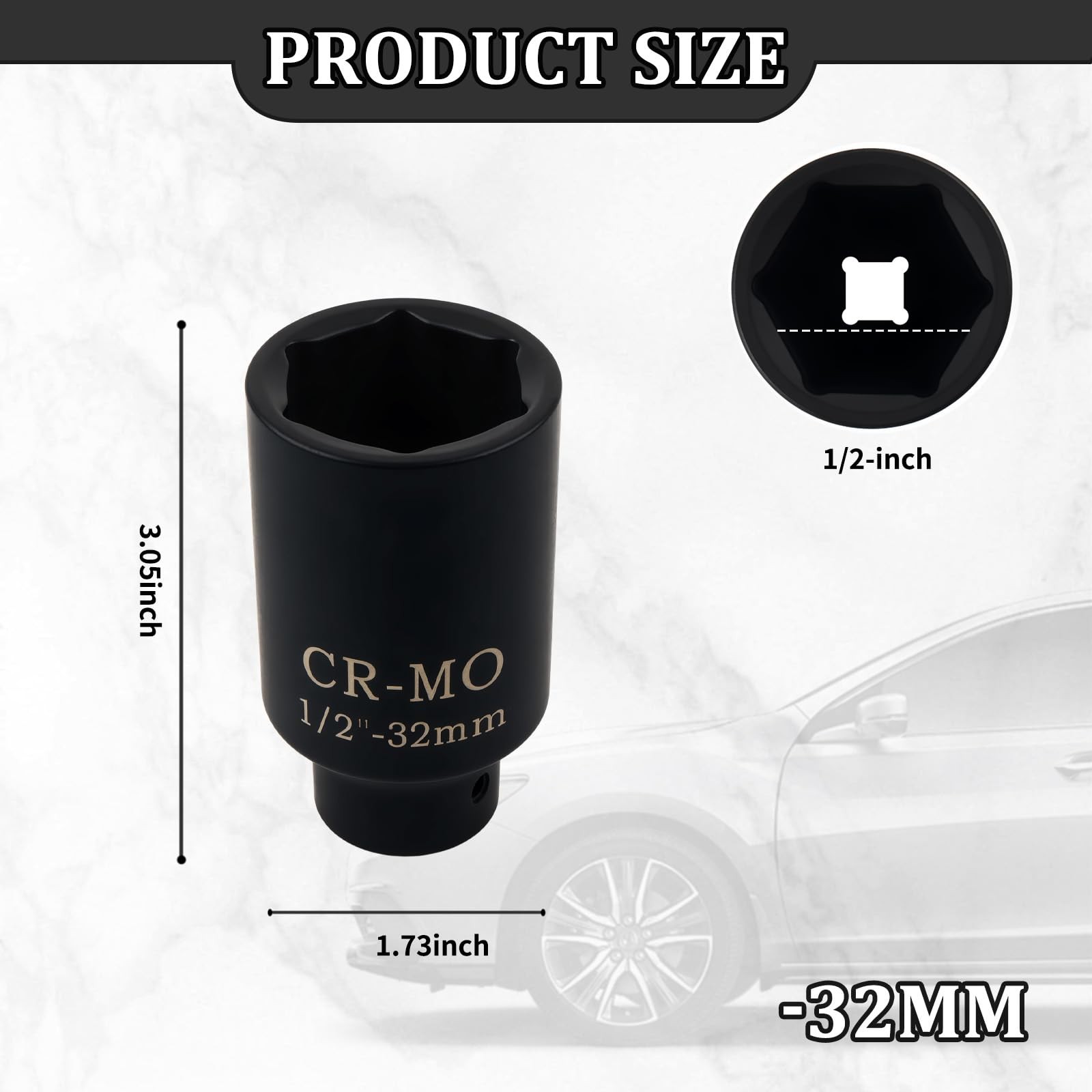 32mm Socket 1/2 Drive with 6 Point Design,Anti-Rust 3.05×1.73×1.73 inch,