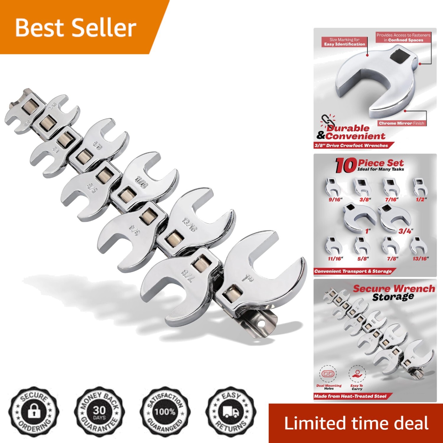 Durable SAE 10-Piece Crow Foot Wrench Kit with Clip Organizer for Mechanics