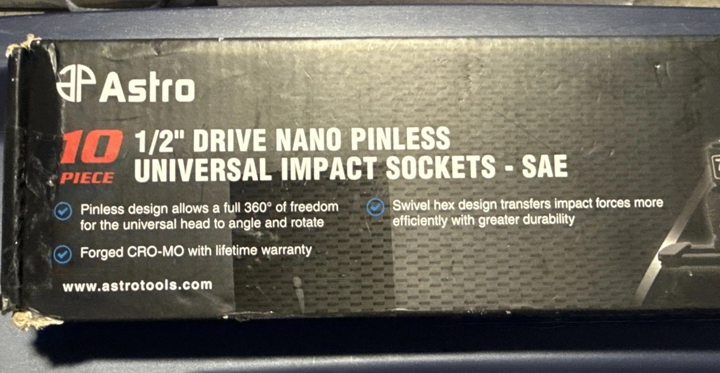 Astro 10pc 1/2″ Drive Nano Pinless Universal Impact Socket Set SAE 7/16” – 1”
