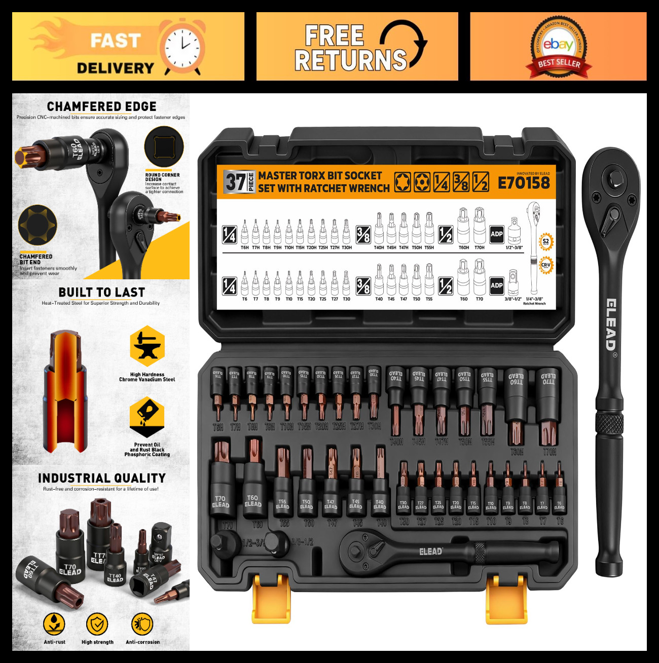 37-Piece Torx Bit Socket Set – 1/4″, 3/8″, 1/2″ Drive, T6-T70, CR-V & S2 Steel,