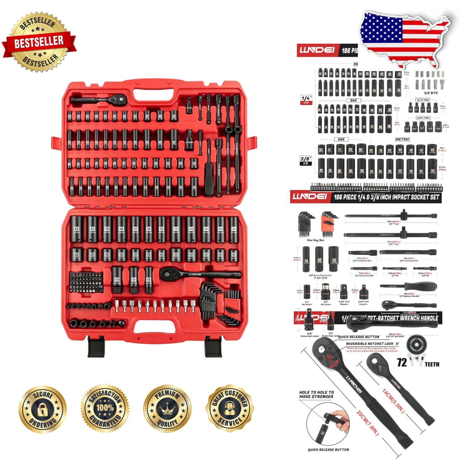 Pro 186pc Impact Socket Tool Set 1/4″ 3/8″ Drive Metric Standard Deep Shallow