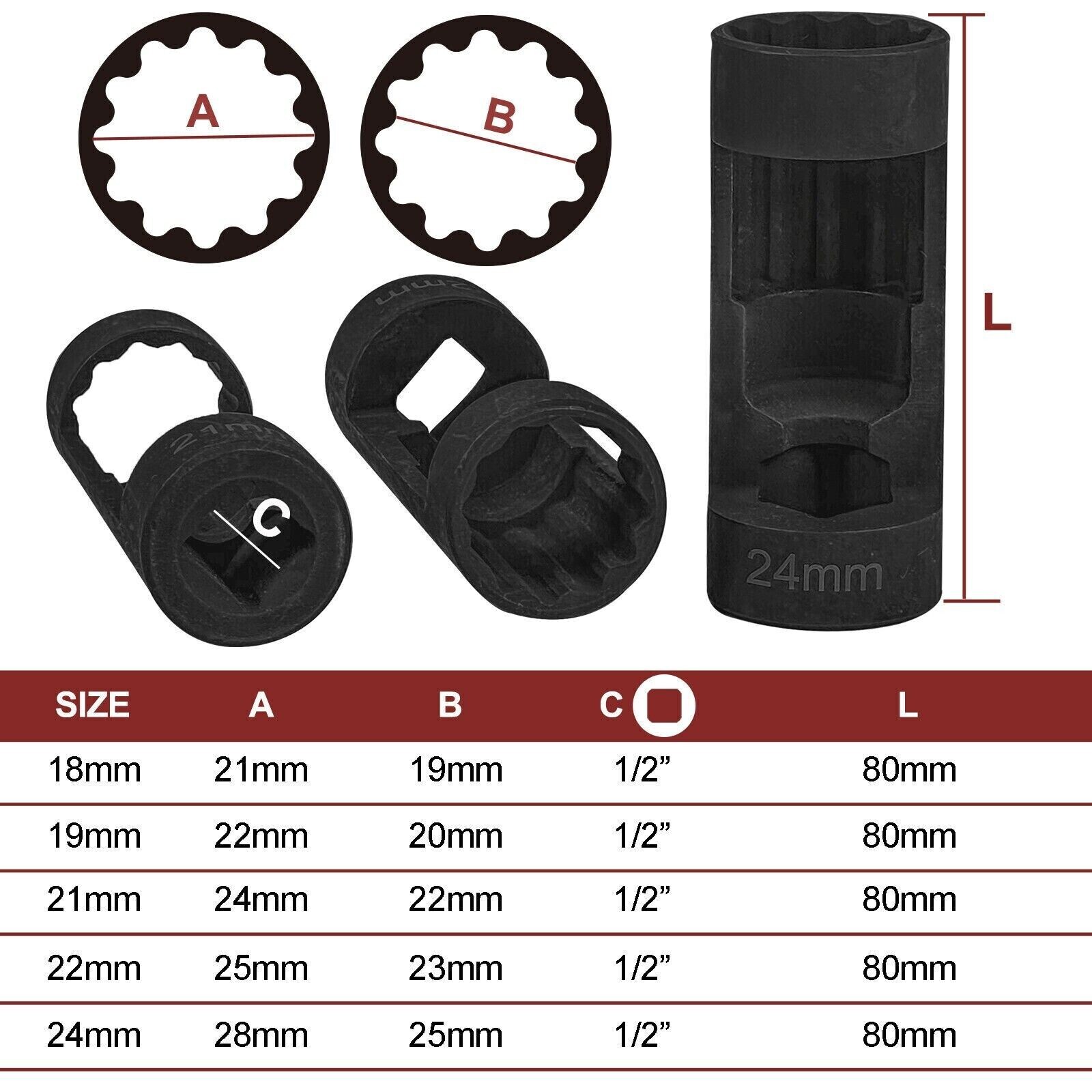 1/2″ Drive 5pcs Strut Nut Socket Suspension Strut Nut Tool 18 19 21 22 24mm