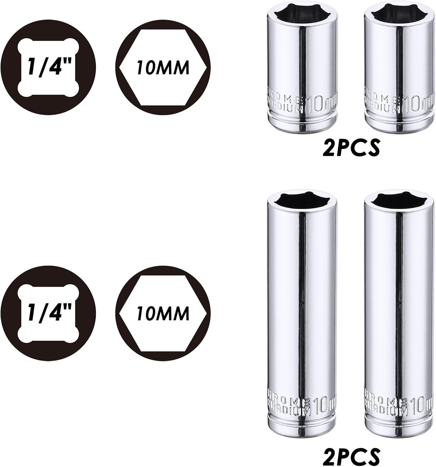 4PCS 1/4″Drive 10mm Deep&Shallow Socket, 6 Point, Cr-V Steel, 10mm