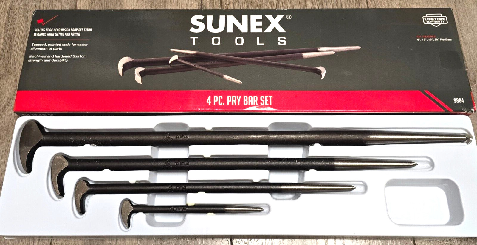 Sunex Tools 4pc Rolling Head Pry Bar/ Line Up Bar Set 6″, 12″, 16″ & 20″ #9804