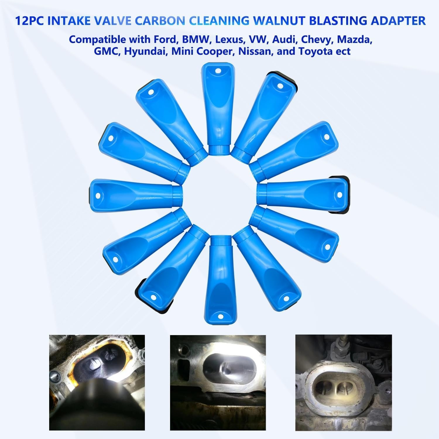 ZKTOOL 12PC Intake Valve Carbon Cleaning Walnut Blasting Adapter