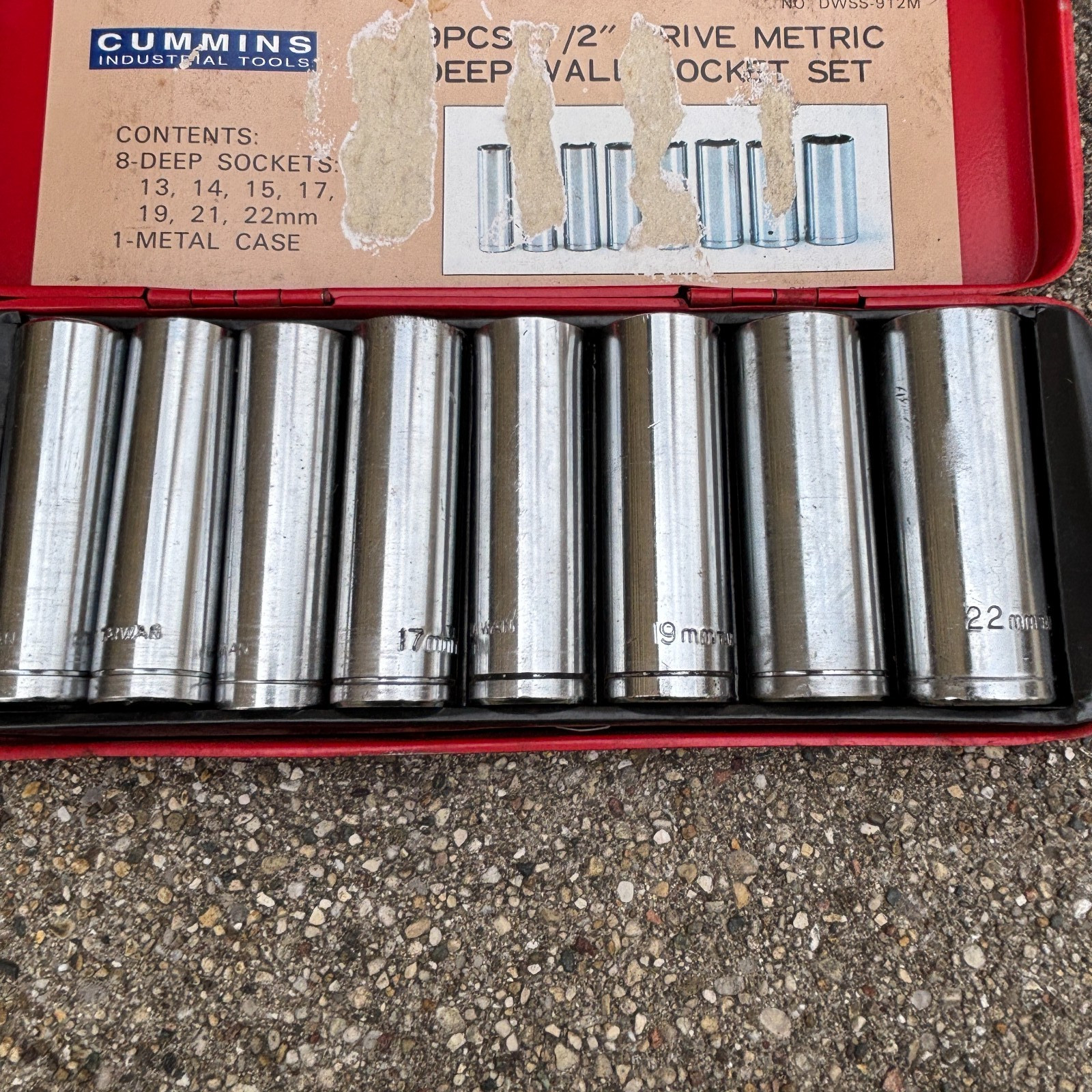 Cummins 8-Deep Wall 1/2″ Sockets 13, 14, 15, 17, 19, 21, 22mm Red Metal Case