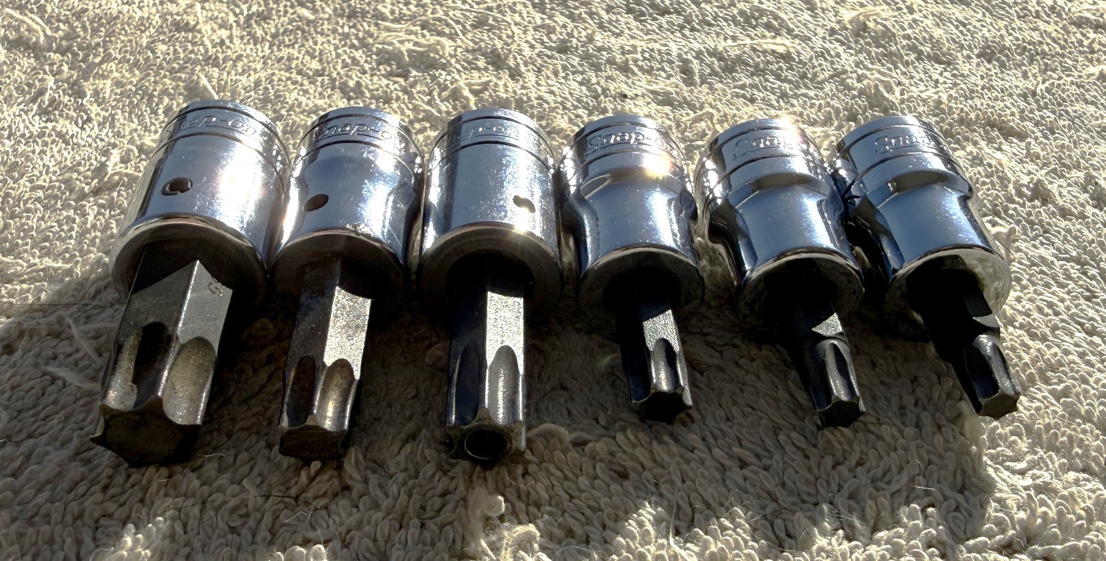 LOT OF 6 SNAP-ON 3/8 INCH DRIVE TROX SOCKETS AS PICTURED AND DESCRIPTED