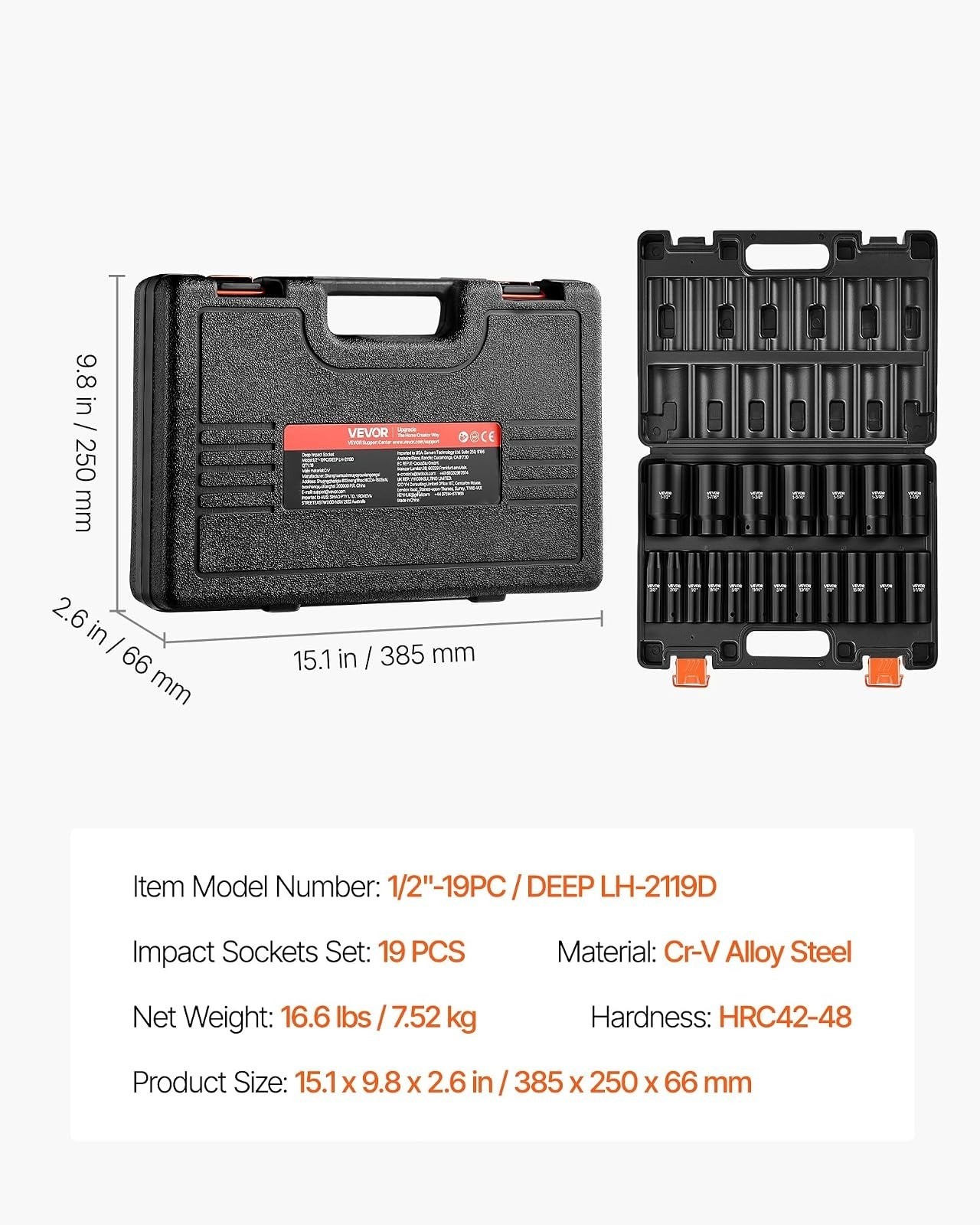 Impact Socket Set, 1/2″ 19 Piece Impact Sockets, Deep Socket, 6-Point Sockets, 1