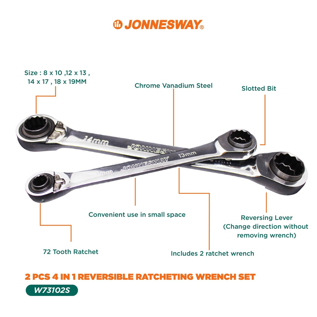 Jonnesway W73102S 4 IN 1 Reversible Ratcheting Wrench MM 8X10,12×13,14×17,18×19