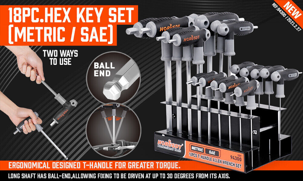 18PC T-Handle Allen Wrench Set Long Arm Ball End Hex Key 1.5-10MM & 1/16″-3/8″