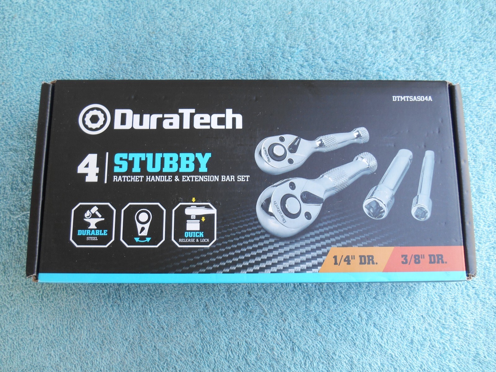 DURATECH 4PC Stubby Ratchet Set 1/4» and 3/8»Ratchets with 2 Extension Bars