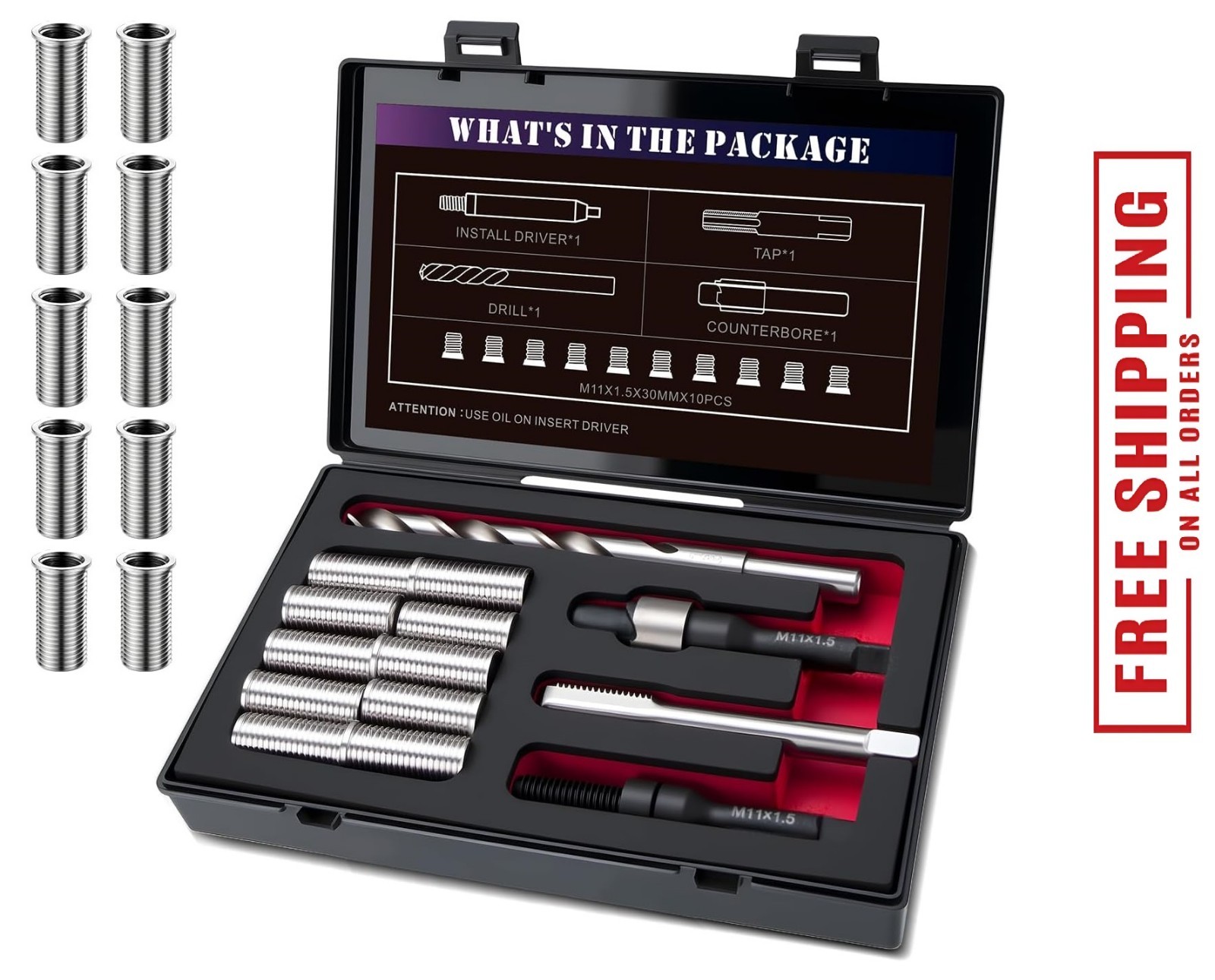 M11X1.5 Metric Thread Repair Kit with Insert HSS Drill, Tap, Counterbore,…