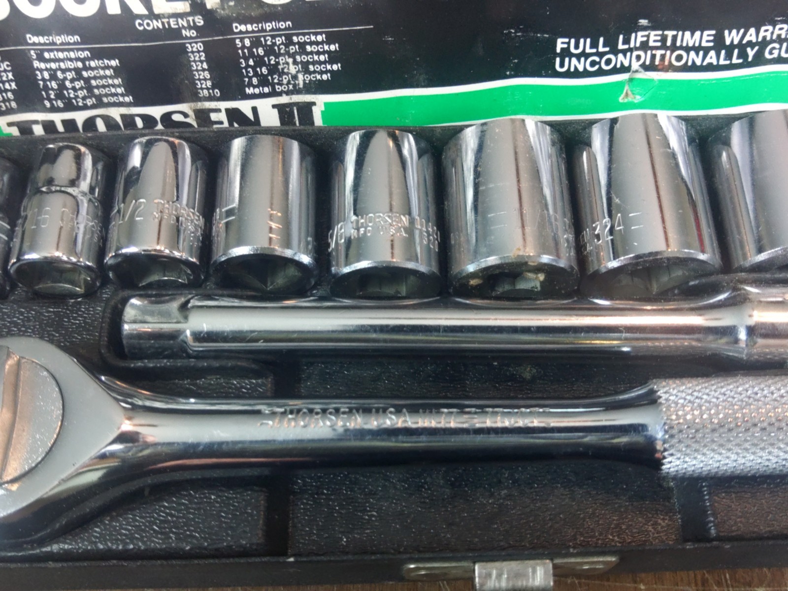 Vintage Thorsen ll 3/8″ Drive SAE Socket Set Metal Case Model Ratchet 3811