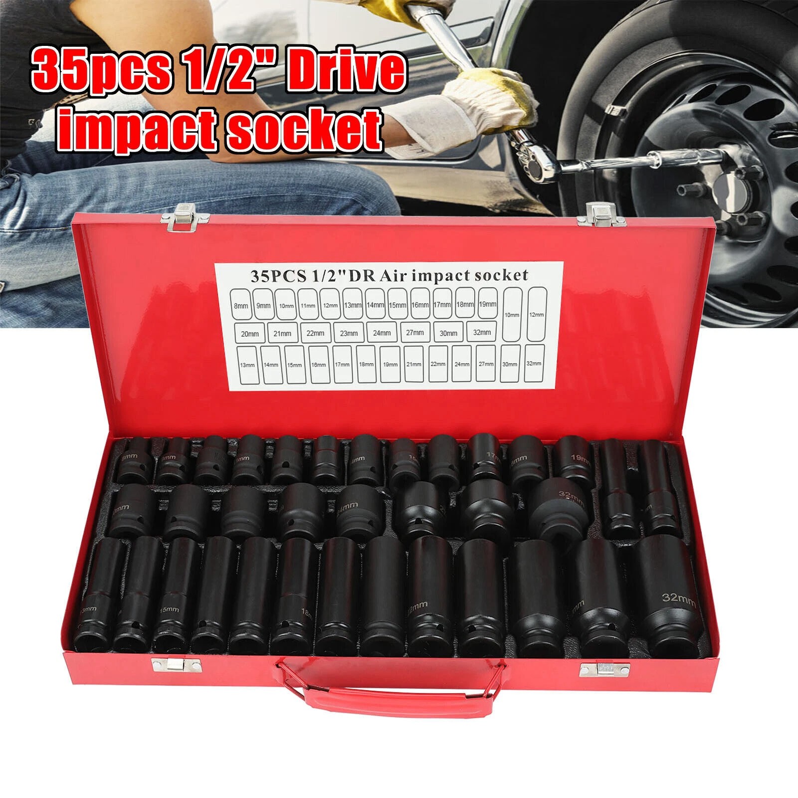 35PCS 1/2″ Deep Impact Socket SetDrive 6 Point Metric Garage Tool 8 -32mm