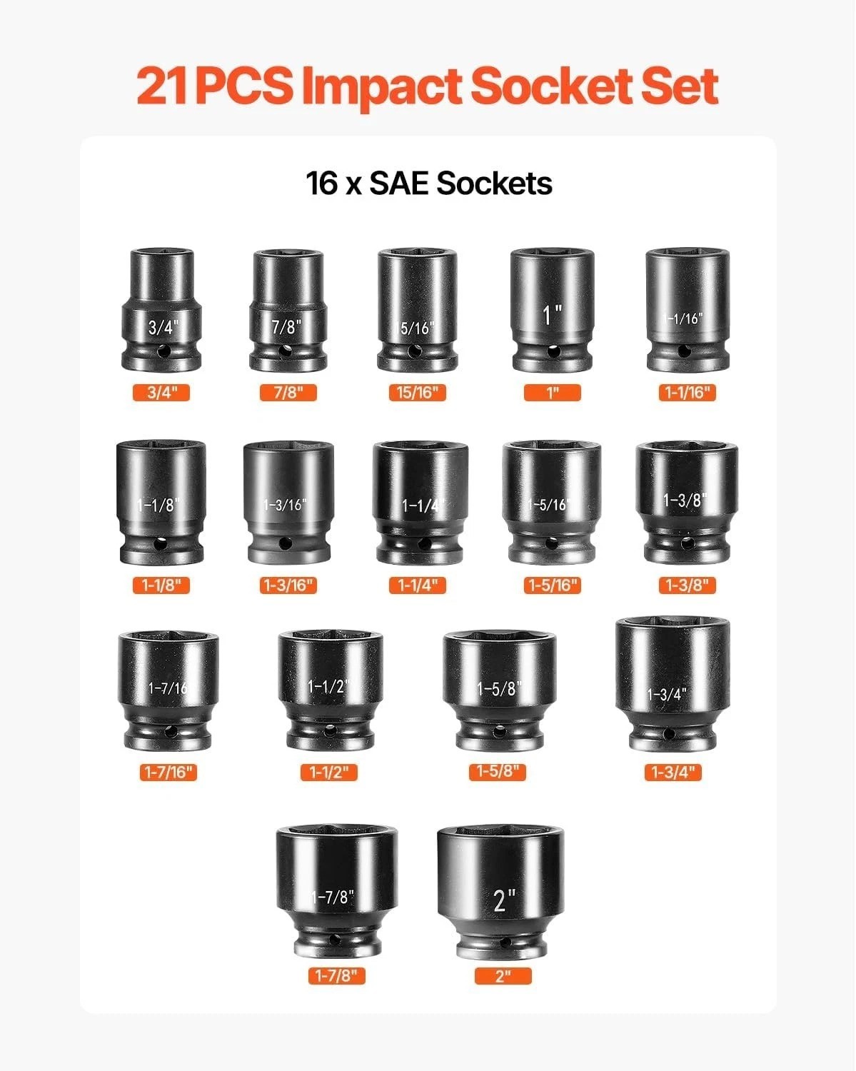 21pc 3/4″ Drive Impact Socket Set, SAE Alloy Steel, Heavy-Duty Truck Tool