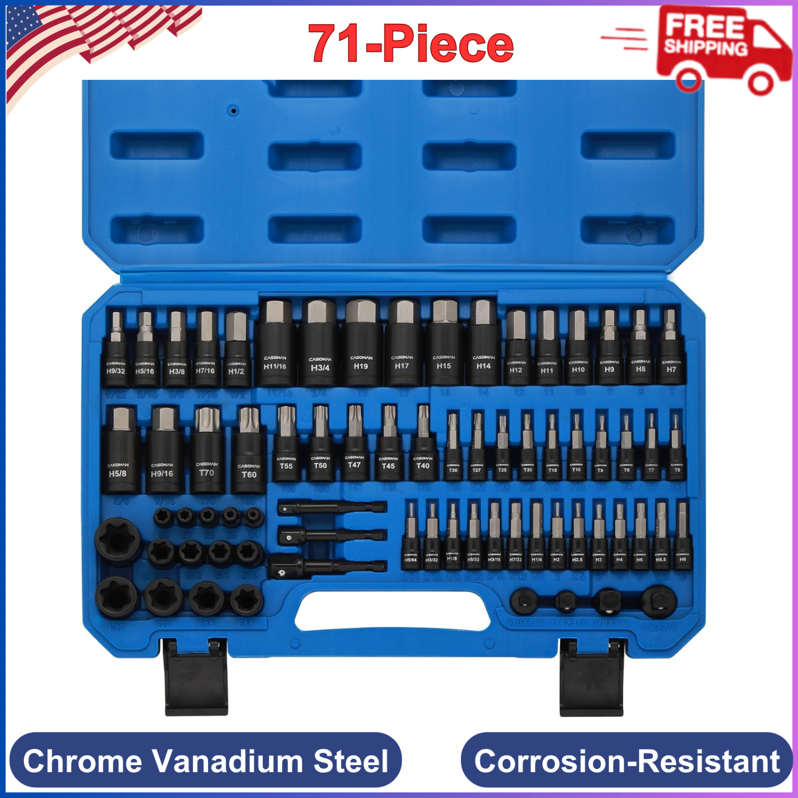 71-Piece Master Hex & Torx Bit Socket Set, 1/4″ & 3/8″ & 1/2″ Drive, Metric/SAE