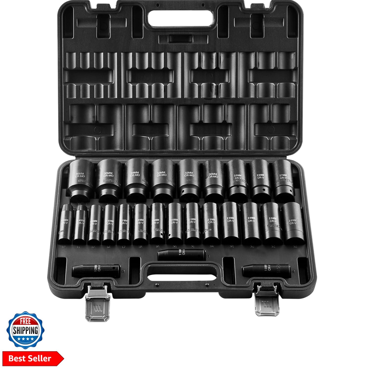 Impact Socket Set, 26pcs x 1/2inch Metric 10mm-36mm Impact Sockets, 6-Point D…