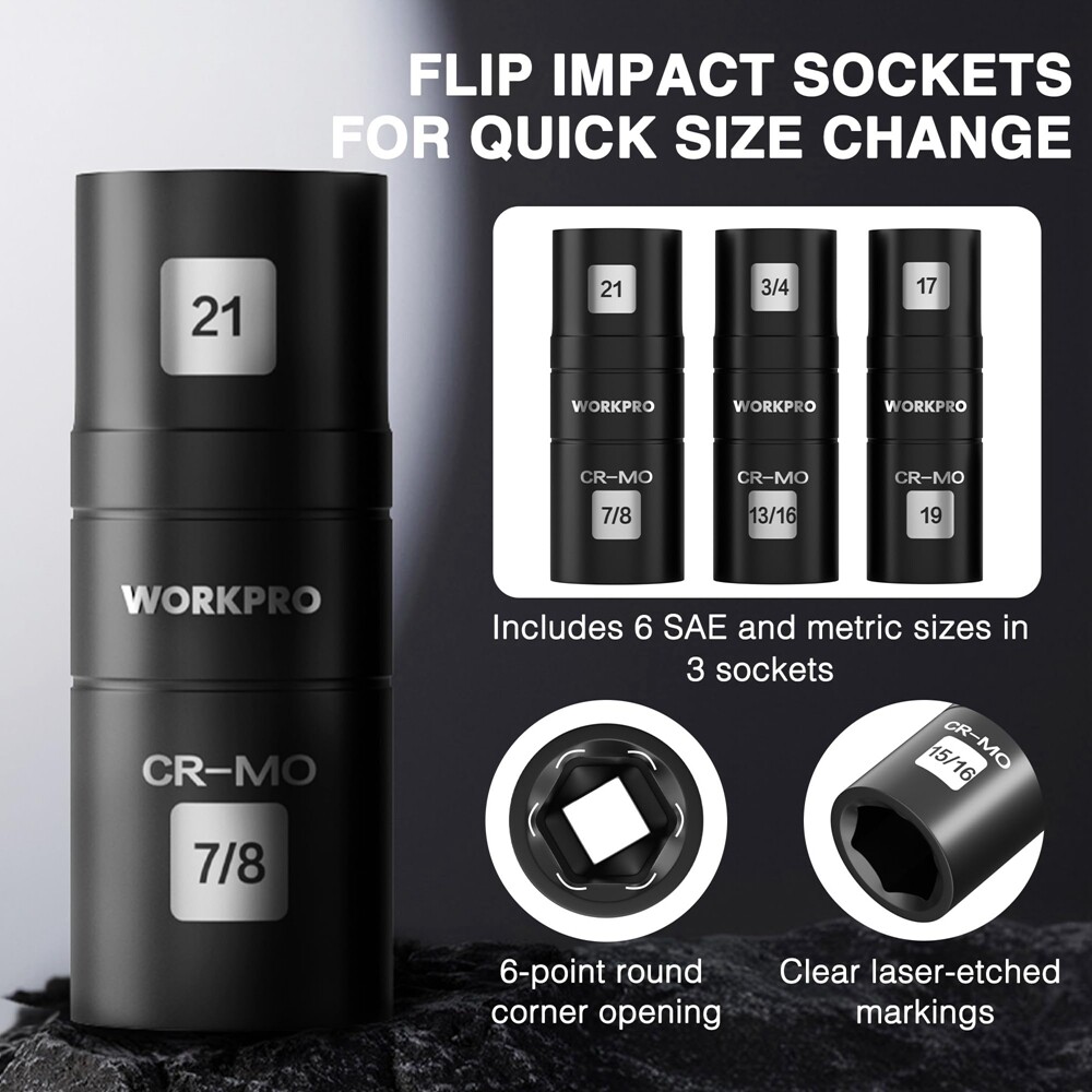 WORKPRO 4PC 1/2″ Dr Impact Socket Set Lug Nut Wheel 3″ Extension Bar Flip Socket