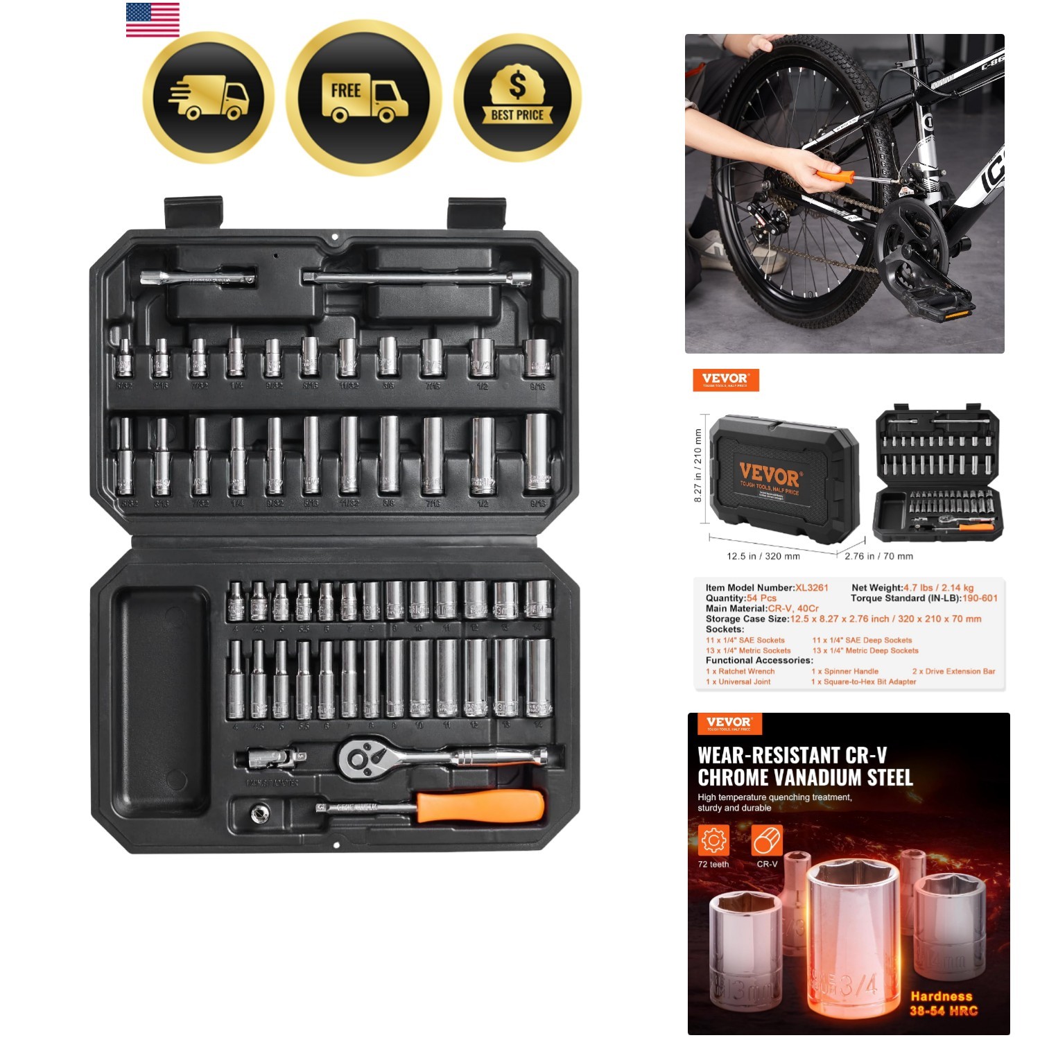 Socket Set, 1/4 Inch Drive Socket and Ratchet Set, 6-Point Socket Opening, 54…