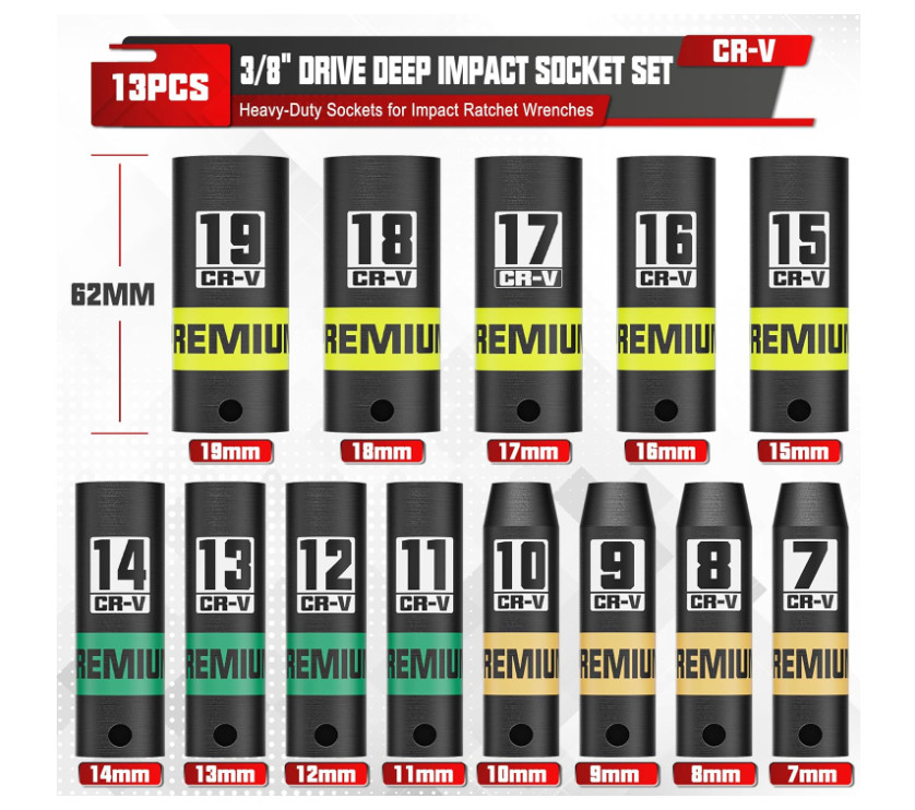 Juego de 13 piezas de llaves de impacto profundas de 3/8″, 7-19 mm, CR-V, 6 punt