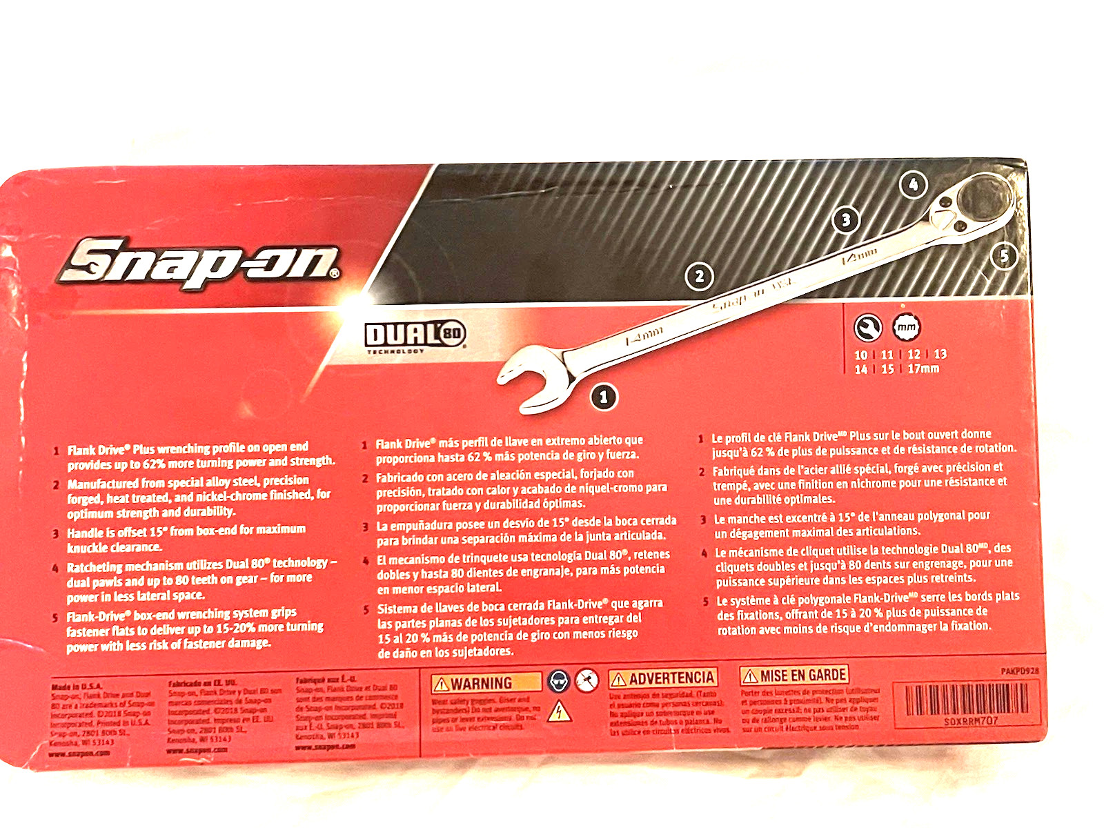 New Snap-on™ 10 – 15 + 17 mm 12-pt box Reversible Ratchet Wrench Set SOXRRM707