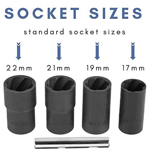 5-Piece Twist Socket Set – 1/2″ Lug Nut Remover, 17mm, 19mm, 21mm, 22mm Sockets