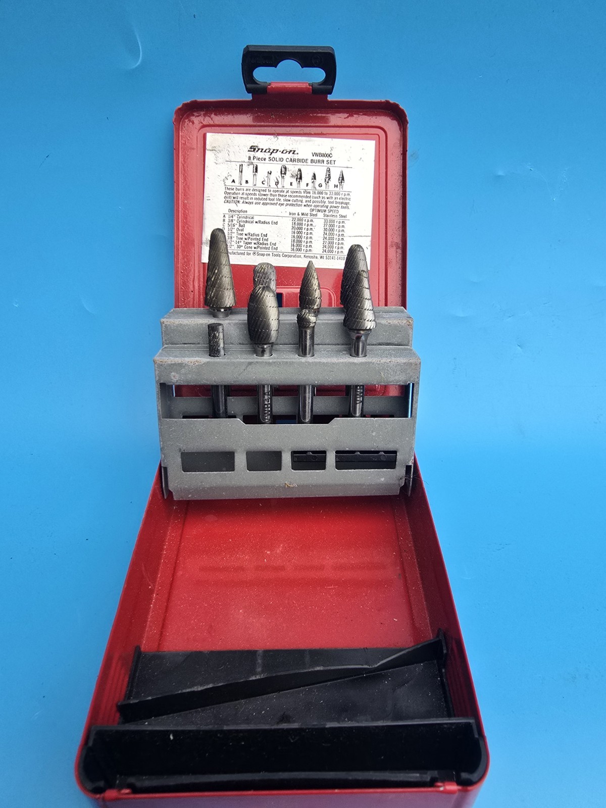 Snap-on. VWB80OC 8 Piece SOLID CARBIDE BURR SET Used Very Good Condition