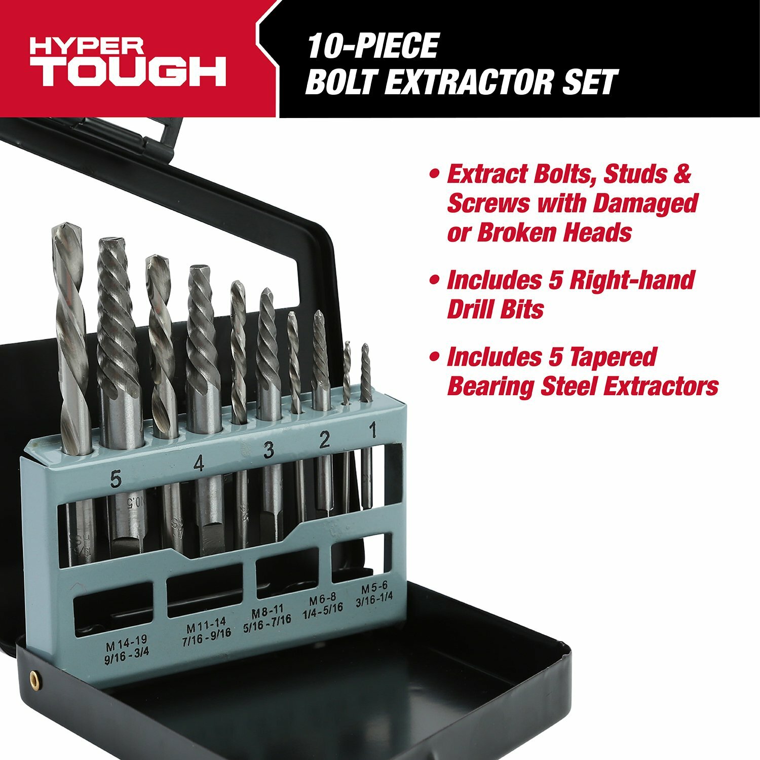 Hyper Tough 10-Piece BOLT EXTRACTOR SET Mechanics Length High Speed Steel Bits &