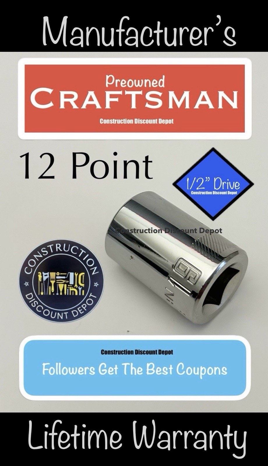 USED Craftsman 12 Point 1/2″ Drive Shallow Socket 19mm Shallow CMMT44238 19 mm