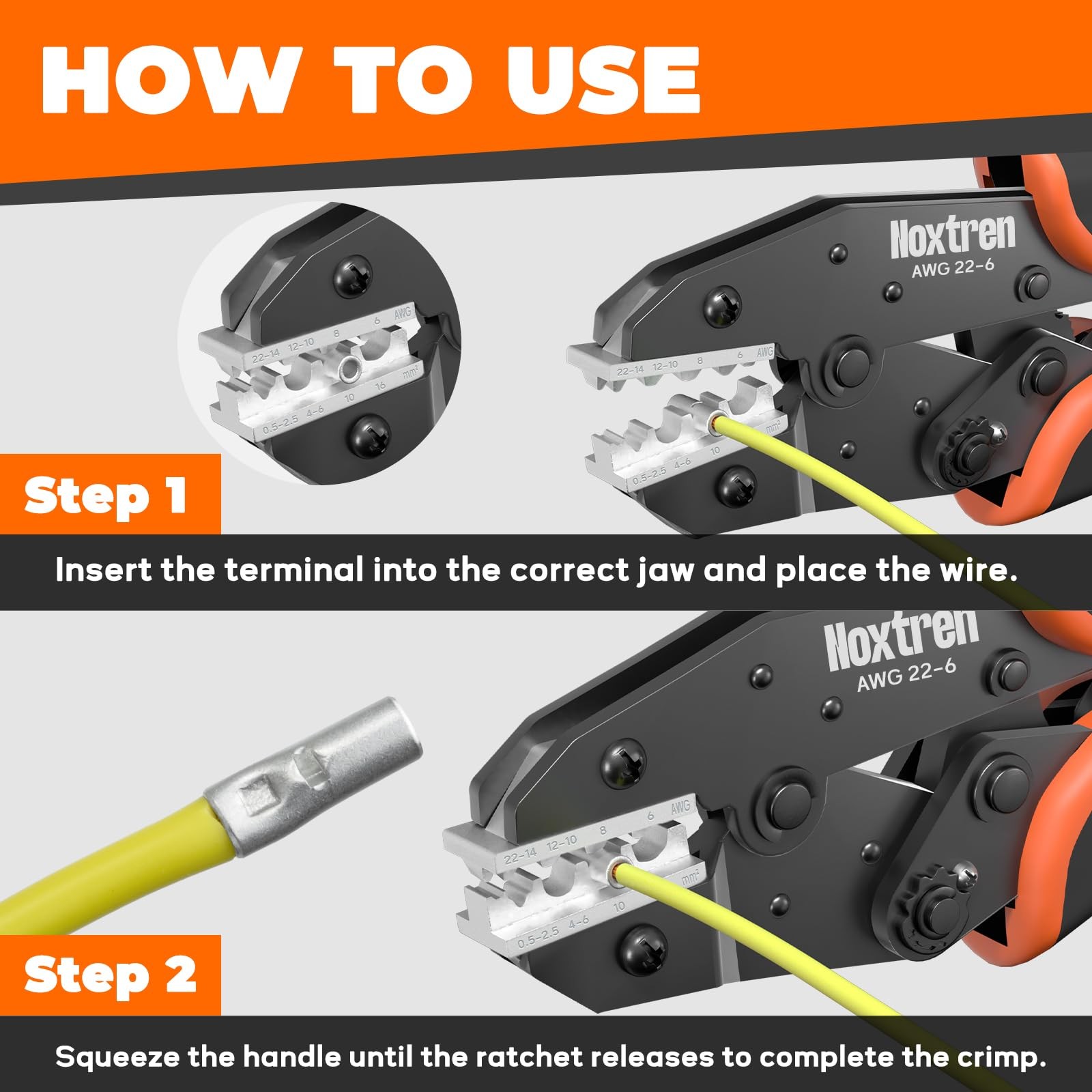 Noxtren Crimping Tool for Non-Insulated Terminal – AWG 9 Inch, Orange, Black