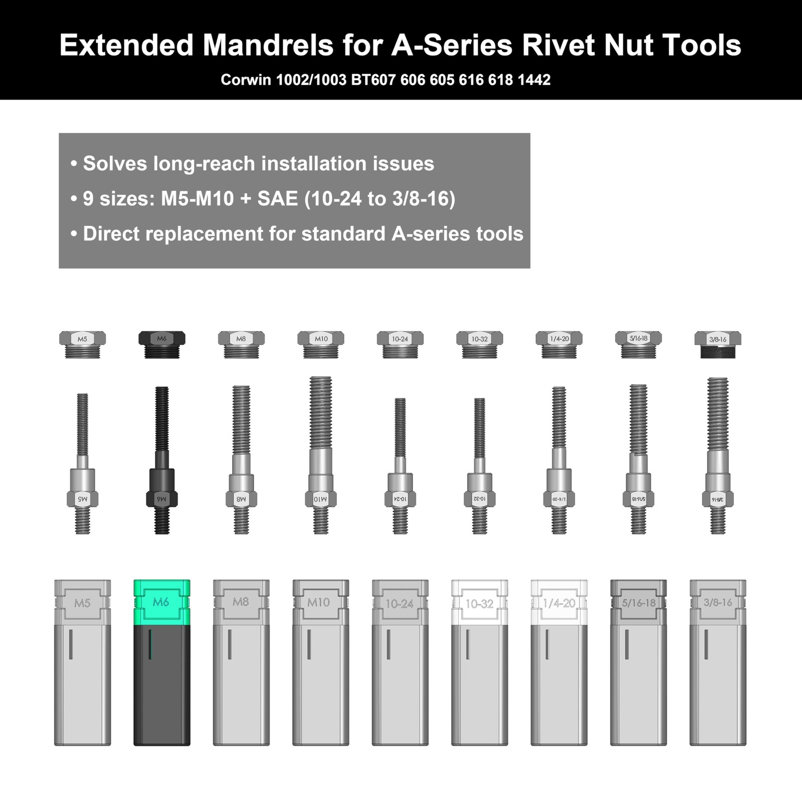 CORWIN M6 Extended Rivet Nut Gun Mandrels and Nosepiece Set, M6, Black