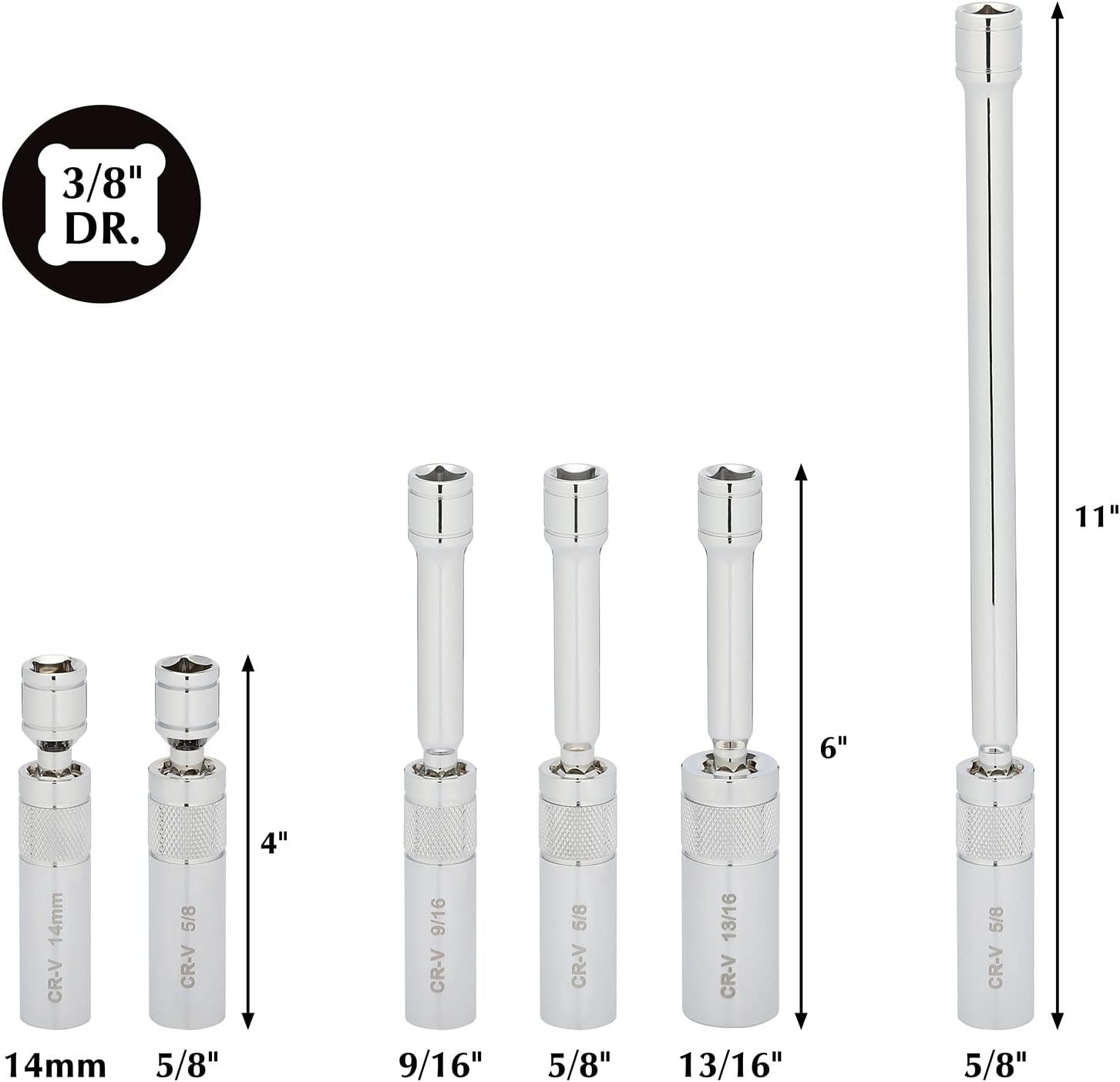 6-Piece 3/8″ Drive Magnetic Swivel Spark Plug Socket Set in Chrome-Vanadium S…
