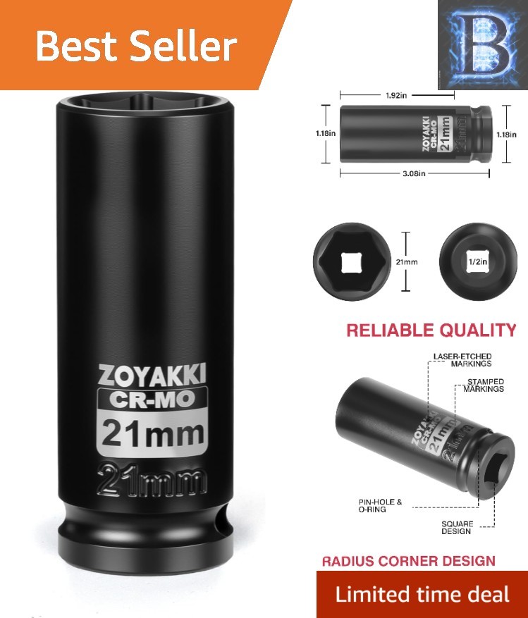 21mm Deep 1/2-inch Drive Impact Socket – Chrome Molybdenum Steel Durability