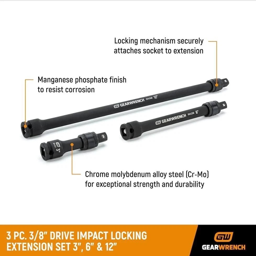 3 Pc. 3/8″ Drive Impact Locking Extension Set 3″, 6″ & 12″ – 84927N