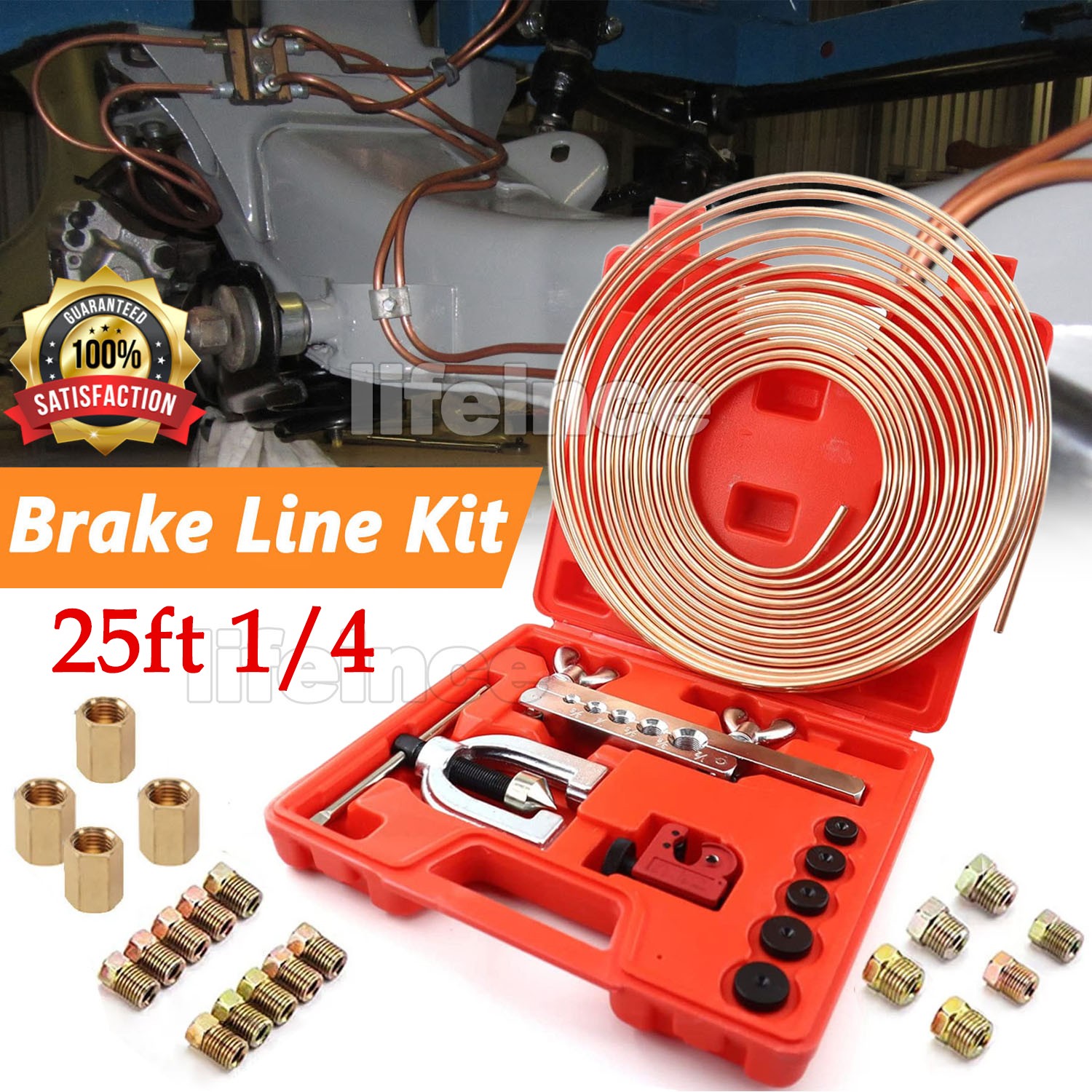 Racewill 25 ft 1/4 Copper Coated Brake Line Kit Includes 16 Fittings & 4 Unions
