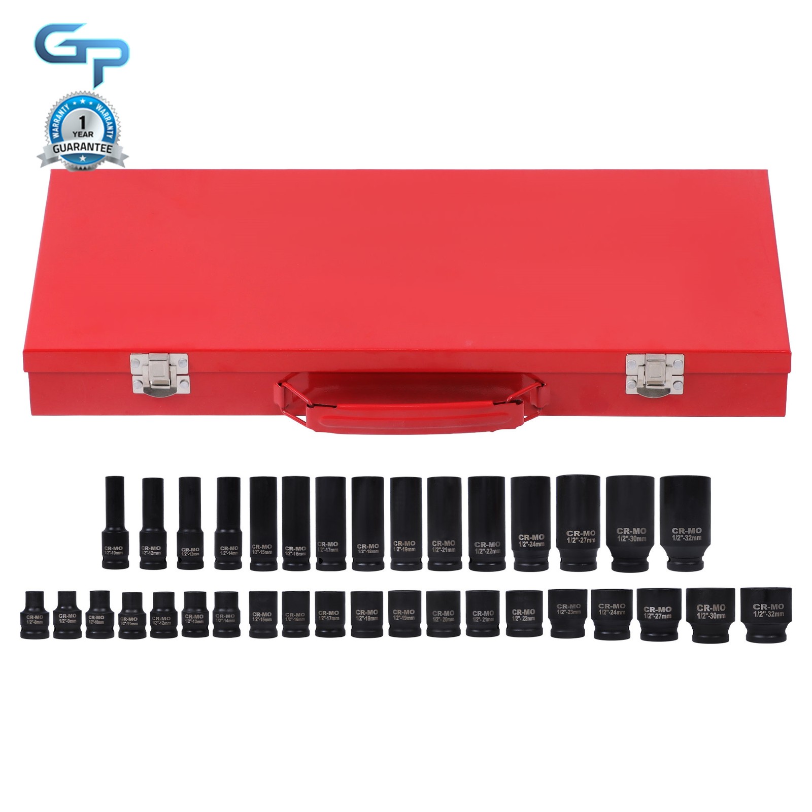 35Pcs 1/2″ Inch Deep Impact Socket Set Drive Metric Garage Sae 8mm-32mm
