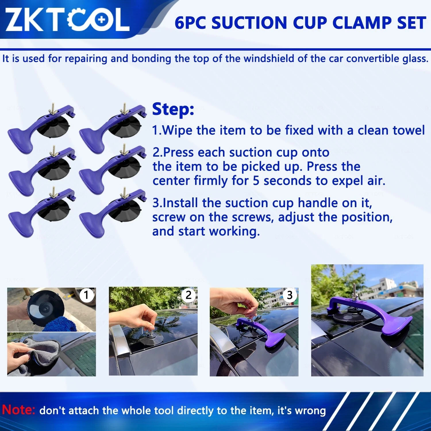 6PCS Suction Cup Clamps kit for Convertible Glass Windshield Repair Gluing